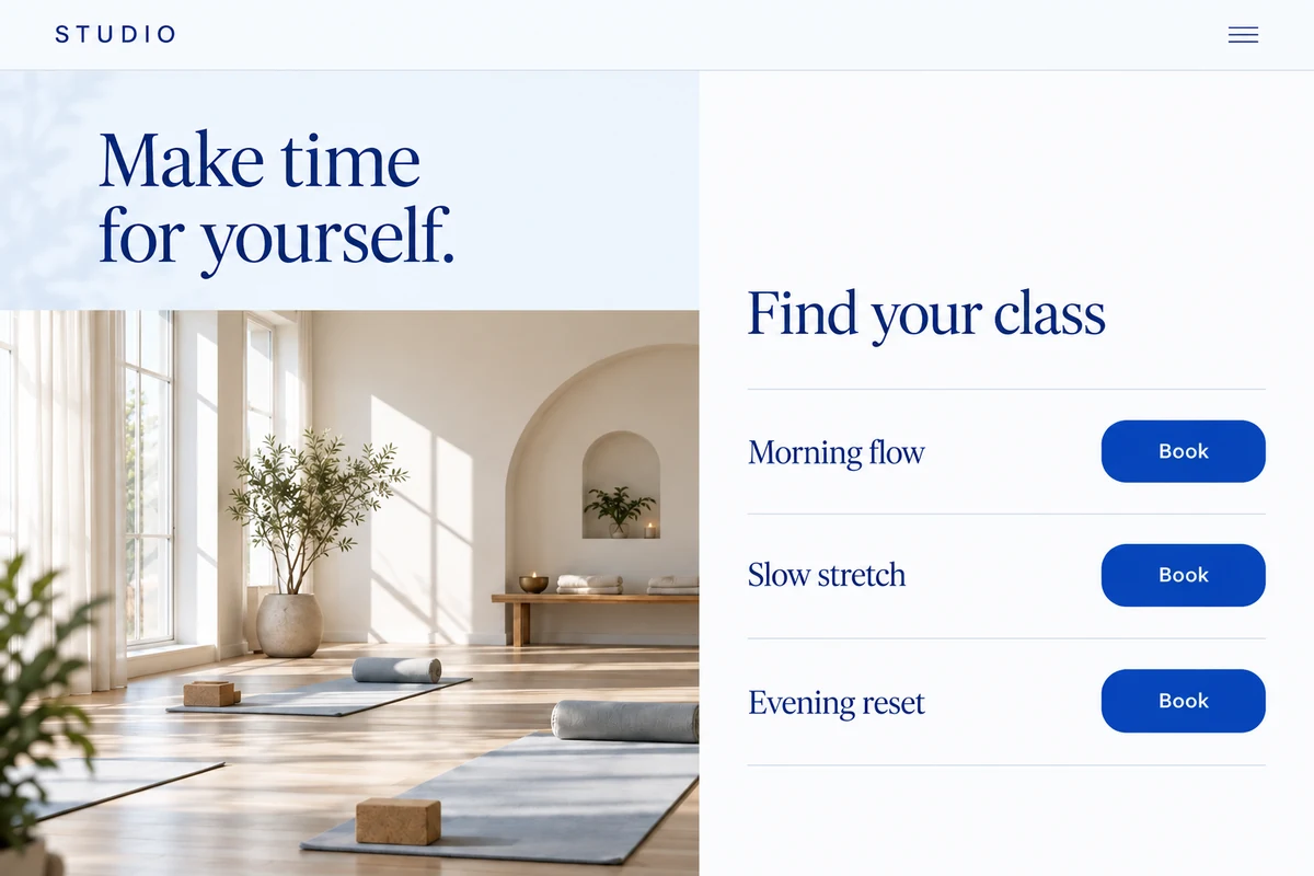 Illustrative wellness website preview with a class booking schedule