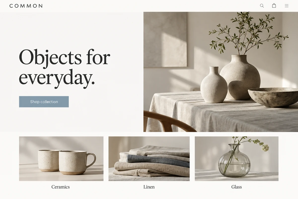 Illustrative online shop website preview with ceramic and home products