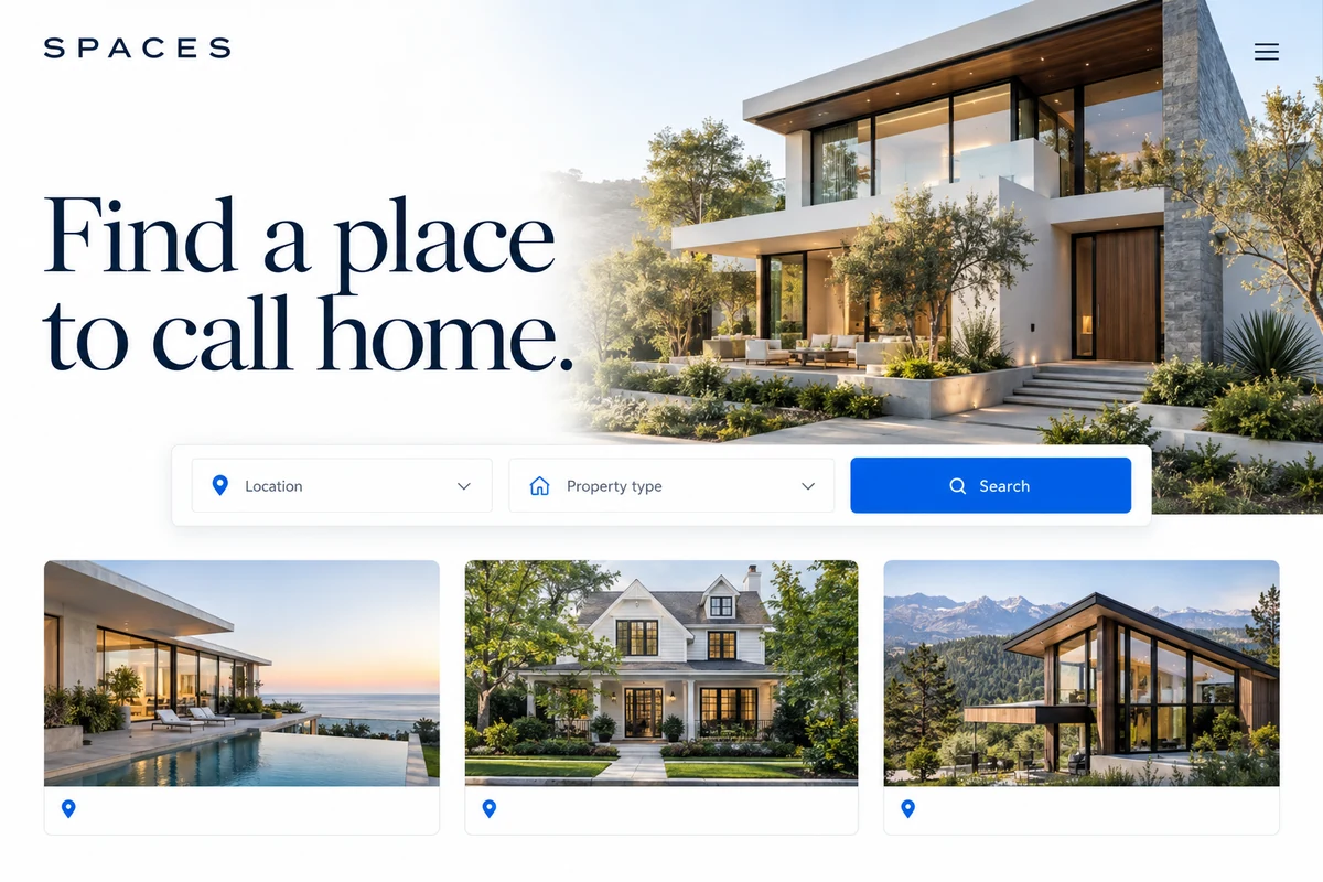 Illustrative property website preview with house listings and search